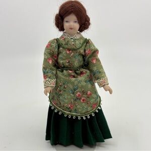 Vintage Doll Porcelain Face and Legs, in Green Floral Dress, Metal Stand, 5.5”